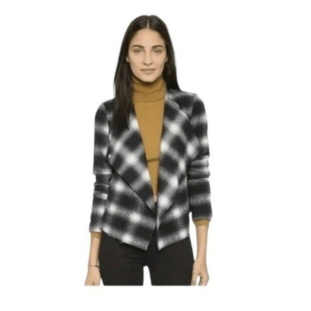 BB Dakota Quinn Buffalo Check Tweed Blazer Jacket Black White Flannel Knit S